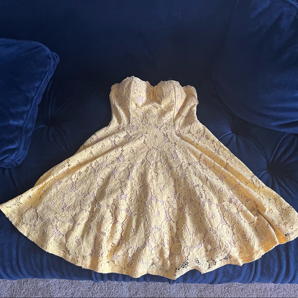 French Yellow Lace Overlay A-line Dress